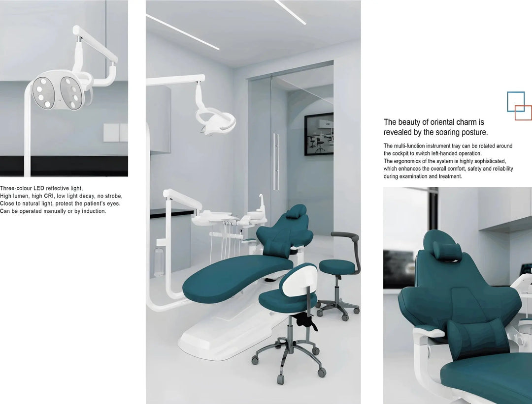 Modern Dental Chair | Ambidextrous with teal upholstery in sleek white treatment room, featuring LED surgical lights, rotating spittoon, and sidebox for efficient workspace organization. Slim design maximizes space while providing comfort and functionality for dental procedures.