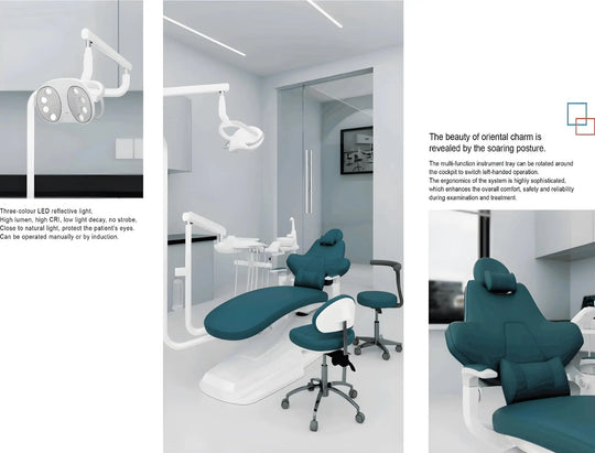 Modern Dental Chair | Ambidextrous with teal upholstery in sleek white treatment room, featuring LED surgical lights, rotating spittoon, and sidebox for efficient workspace organization. Slim design maximizes space while providing comfort and functionality for dental procedures.