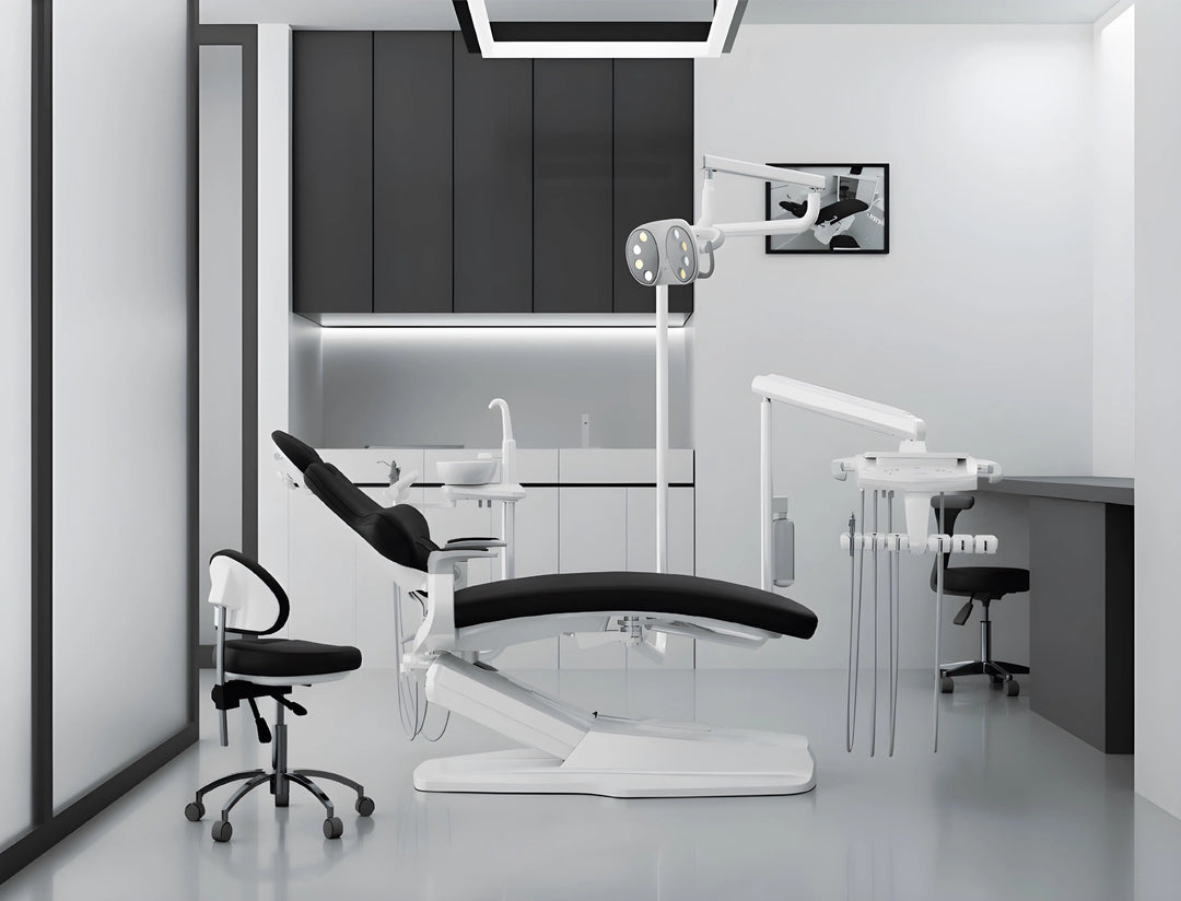 Modern Dental Chair | Ambidextrous in sleek white and black dental office setting, featuring adjustable lighting, patient chair, and dentist's equipment for efficient and comfortable treatments.