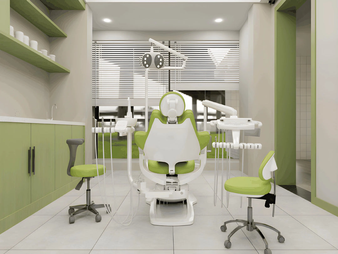 Modern dental chair in green and white, Dental Chair | Ambidextrous, with adjustable lighting and equipment in a clean, bright dental office setting featuring green accents and built-in shelving.