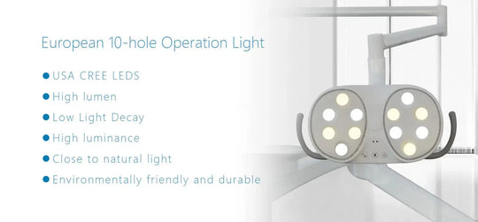 Series X5 Cart type dental chair featuring European 10-hole operation light with high-lumen USA CREE LEDs. Close to natural light, environmentally friendly, and durable. Provides high luminance with low light decay for optimal dental procedures.