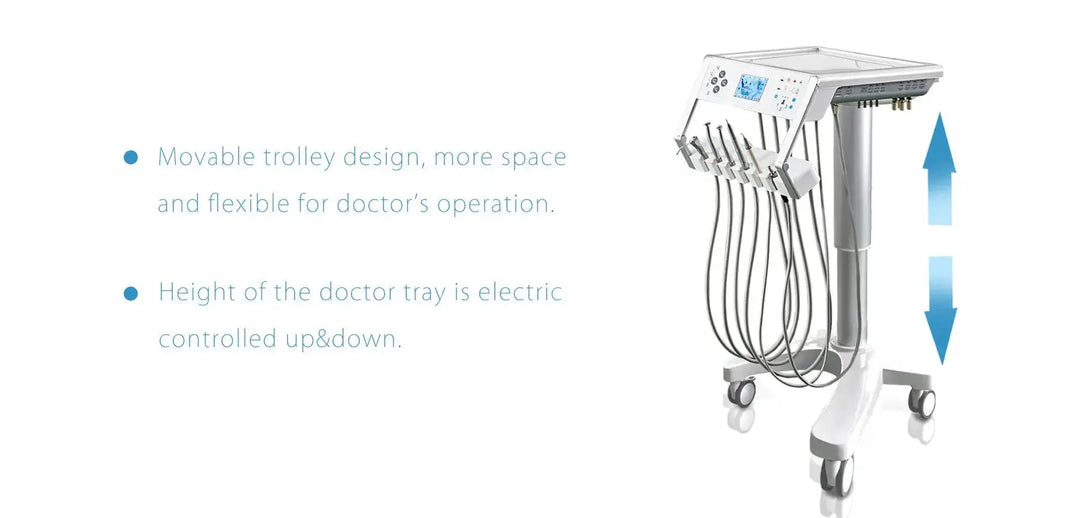 Series X5 Cart-type dental chair featuring movable trolley design with flexible doctor's operation space. Electric height-adjustable doctor tray. White cart with multiple dental tools and instruments attached, showcasing modern and efficient dental equipment setup.