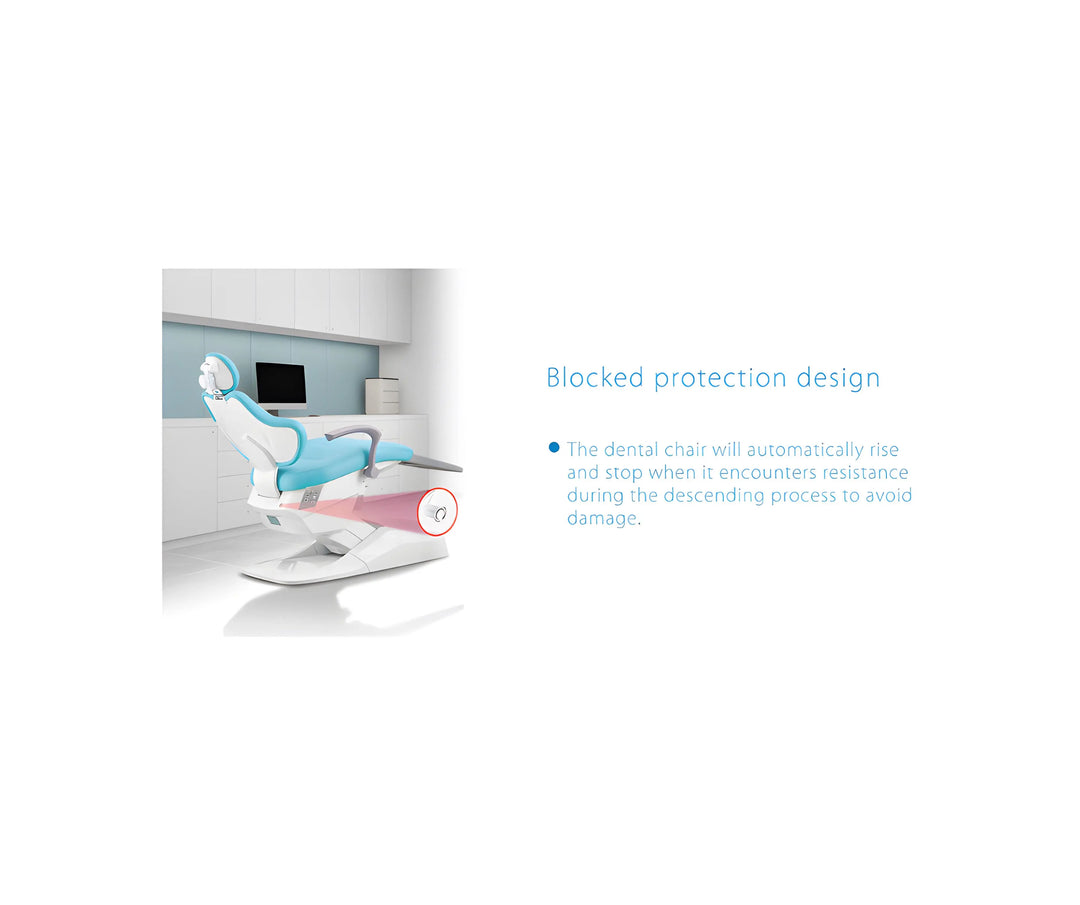 Series X5 Dental Chair with blocked protection design, featuring automatic halting mechanism to prevent damage during descending. Modern dental operatory setup with blue and white color scheme, showcasing advanced safety features for optimal patient care.