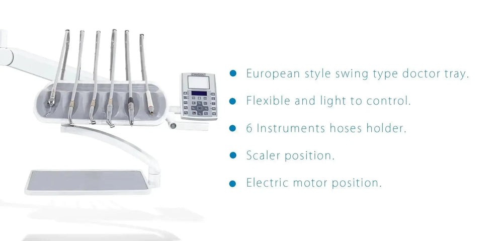 Series X5 Top Mounted Dental Chair featuring European-style swing-type doctor tray, flexible control panel, 6 instrument hoses holder, scaler position, and electric motor position. Modern design with white and gray components for efficient dental procedures.